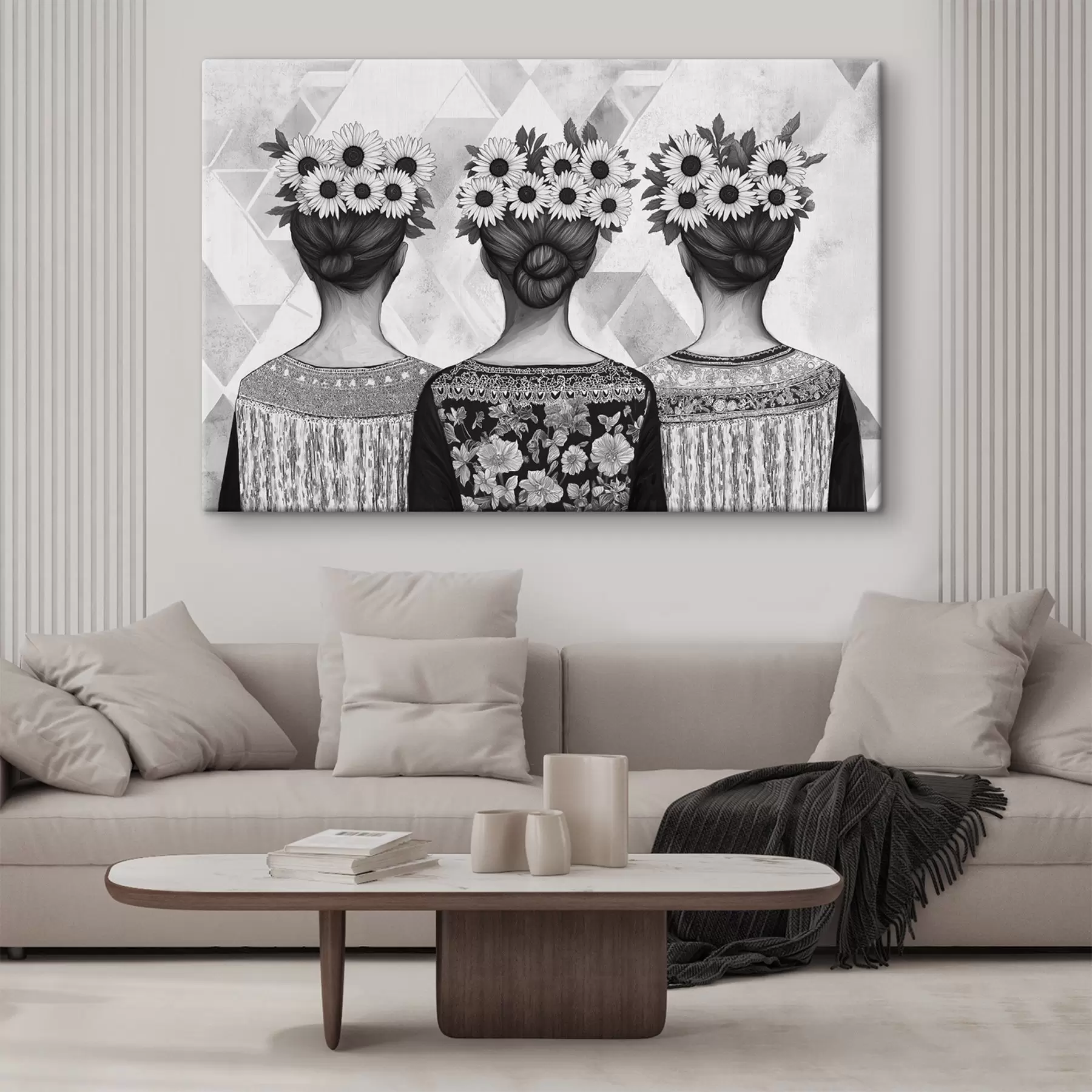  Schilderijen Drie vrouwen in etnische kleding, potloodtekening, zonnebloemen s42377