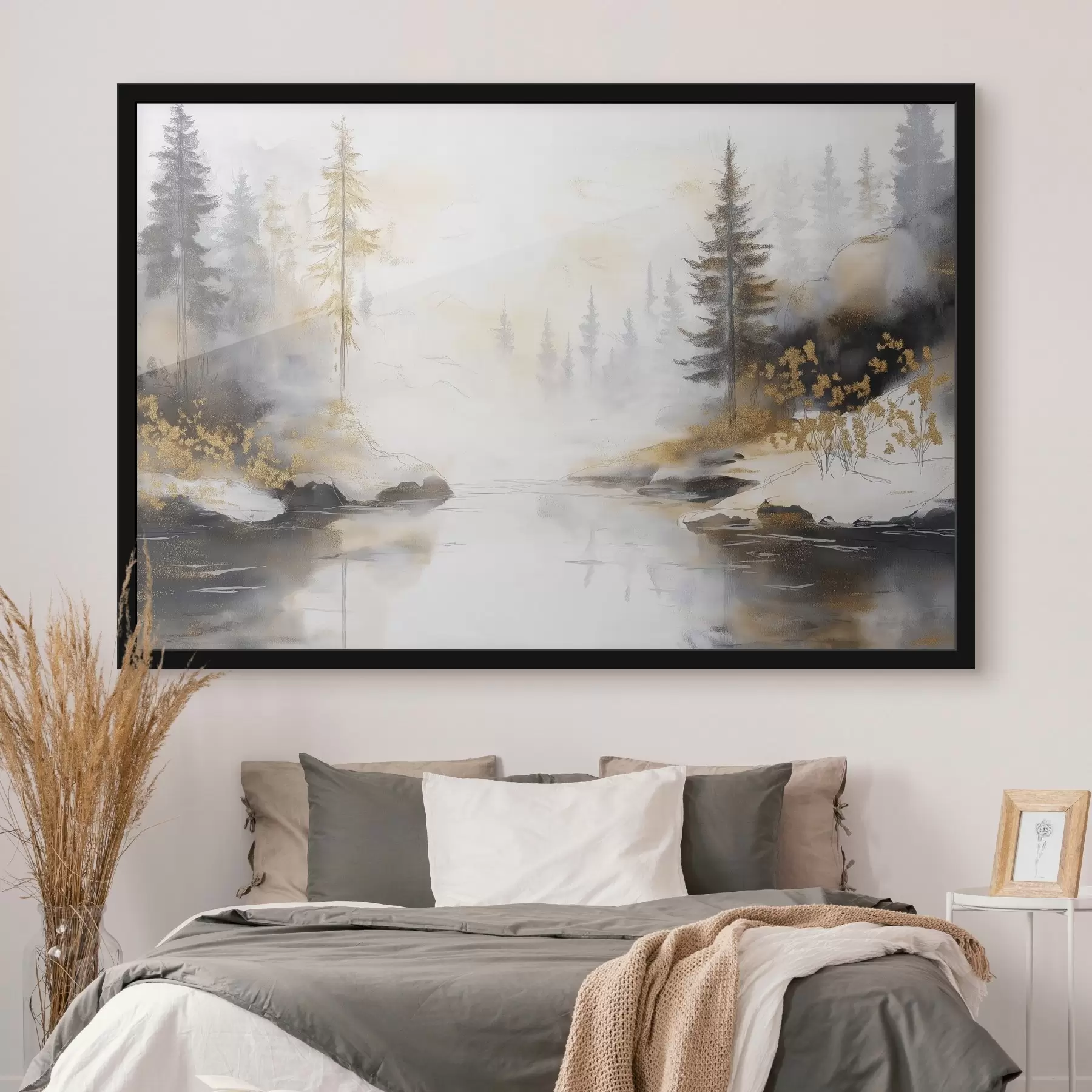 Fotobehang Natuurlandschap met rivier, bos en pijnbomen, zachte pastelkleuren f42375