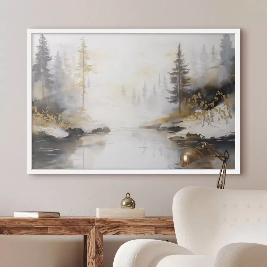 Fotobehang Natuurlandschap met rivier, bos en pijnbomen, zachte pastelkleuren f42375