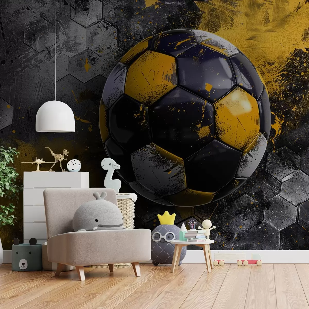 Fotobehang Voetbal op een achtergrond van honingraten met gele verfvlekken w08616