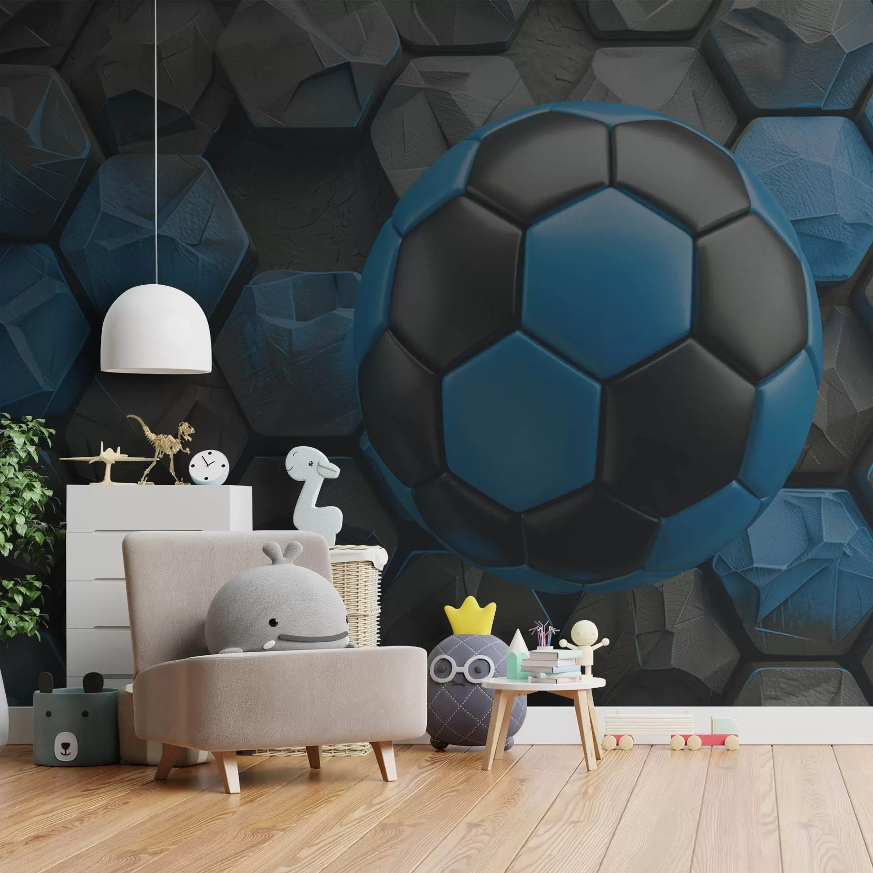 Fotobehang Grote voetbal en zwarte en blauwe honingraten w08617