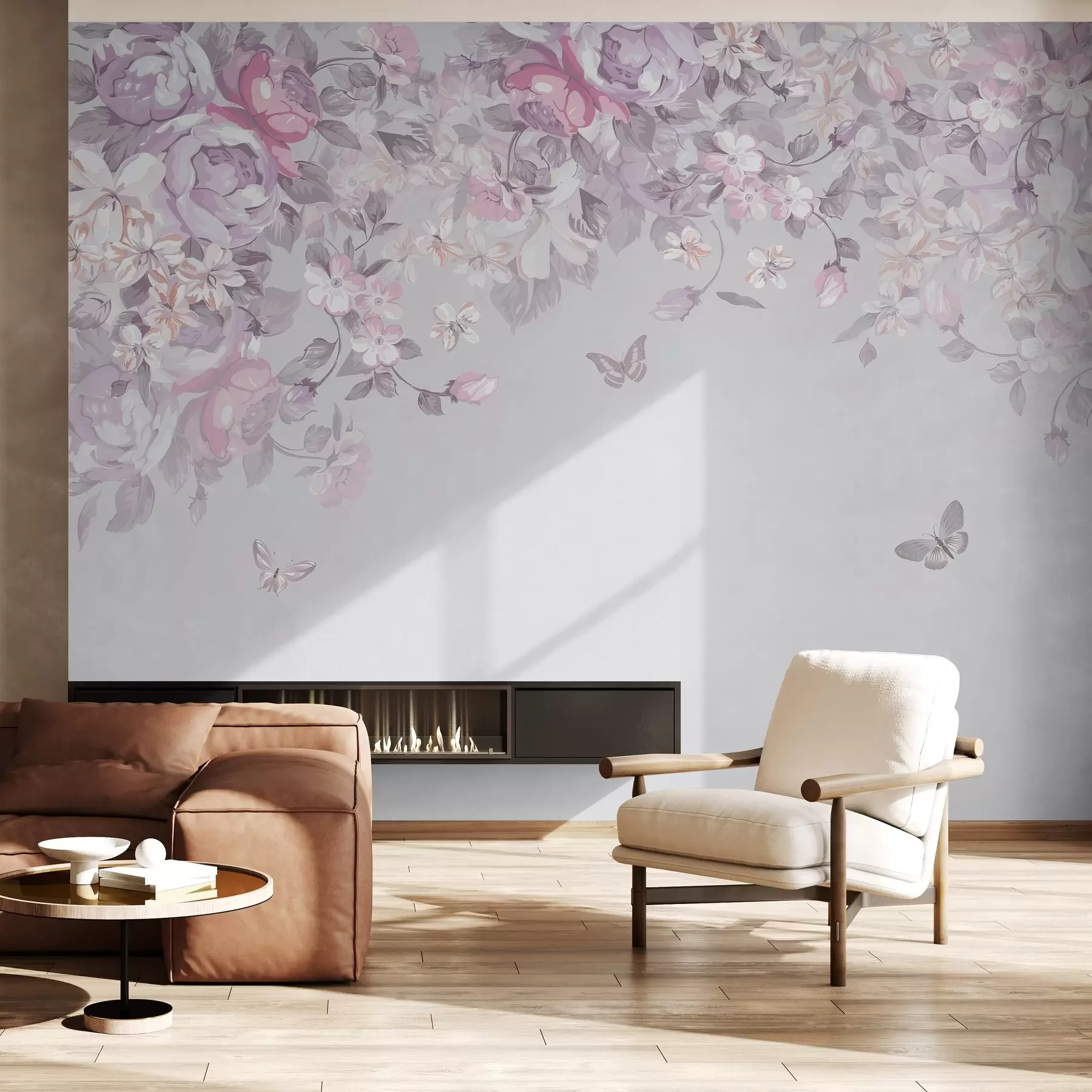 Fotobehang Delicate bloemen en fladderende vlinders u94295v2