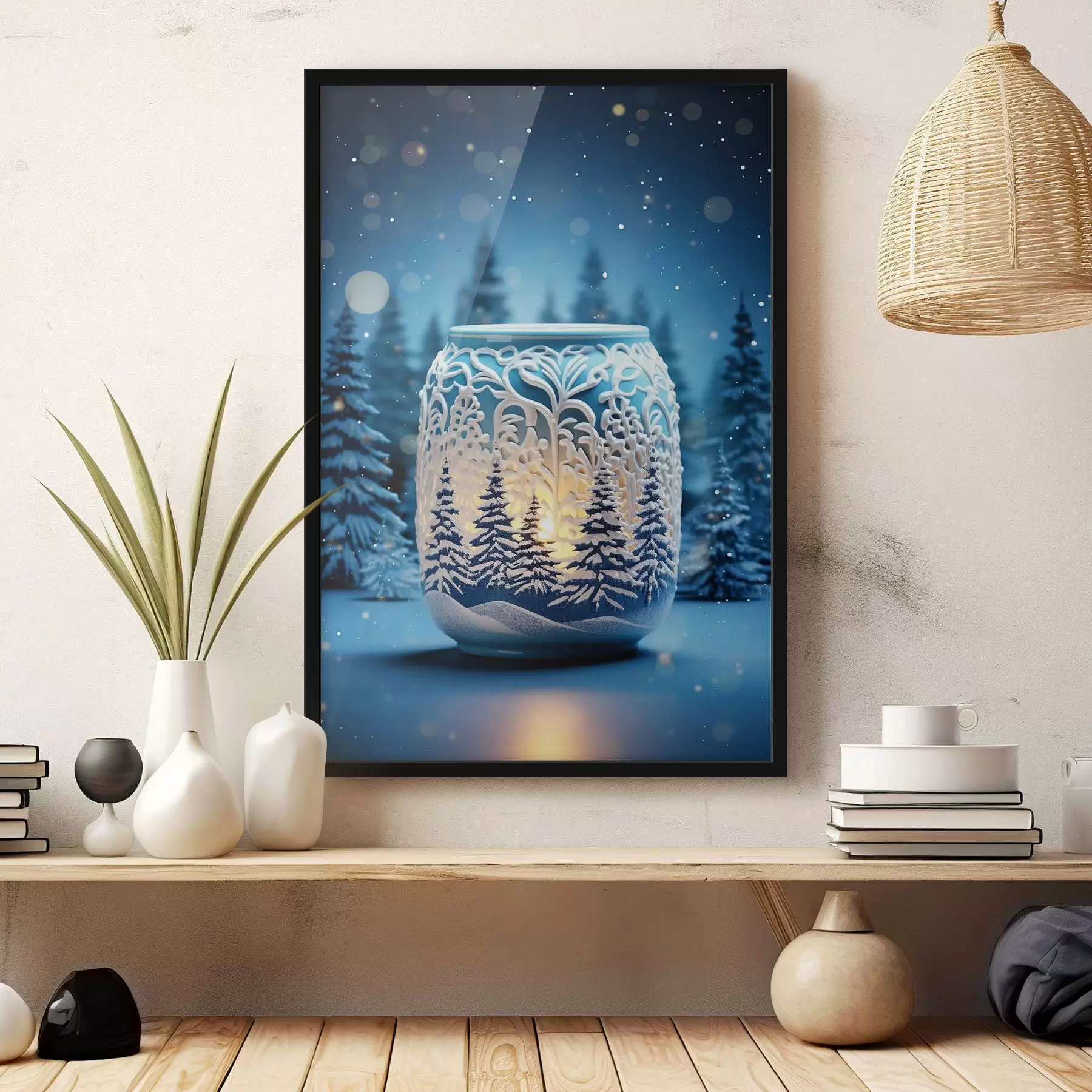 Fotobehang Kaars tegen de achtergrond van een winterlandschap f42380