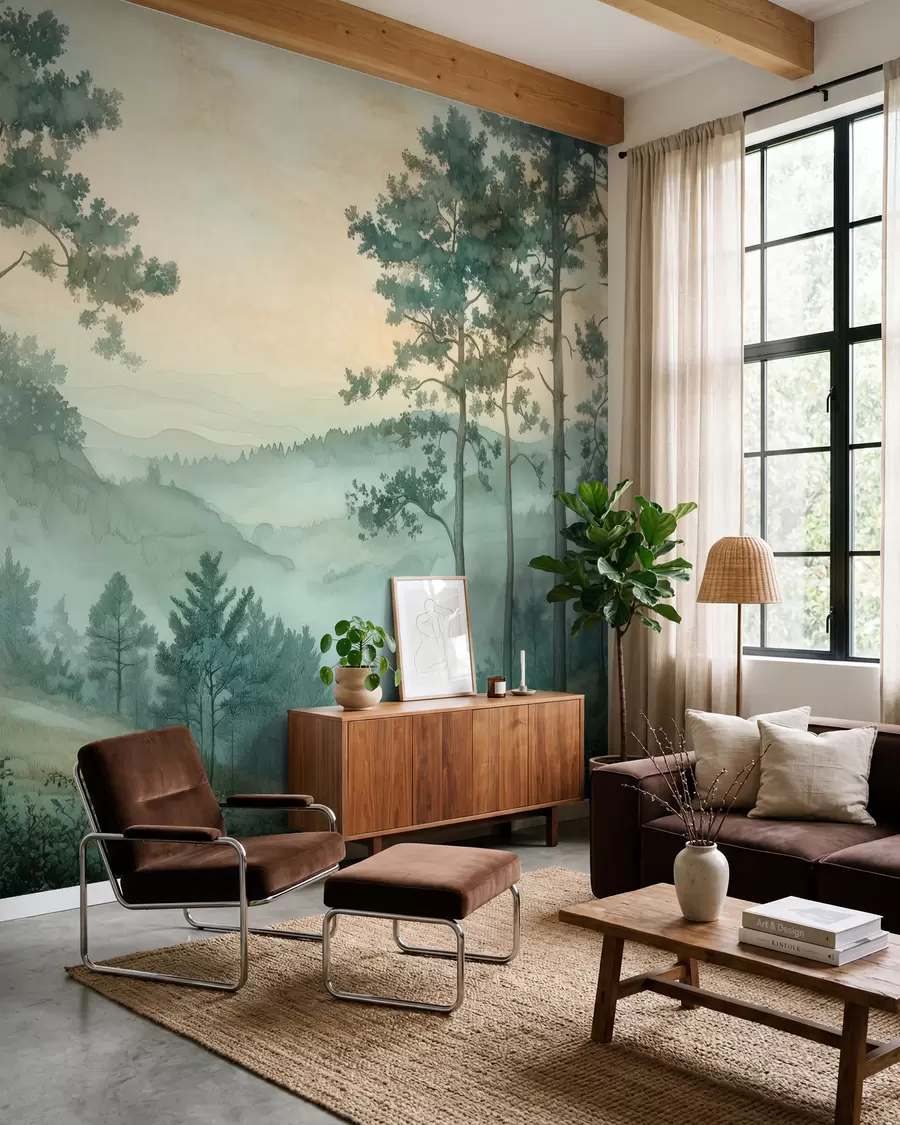 Fotobehang Panorama van een bosvallei w02690