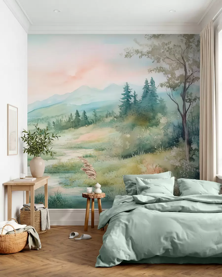 Fotobehang aquarel landschap met een pad en bergen w02764