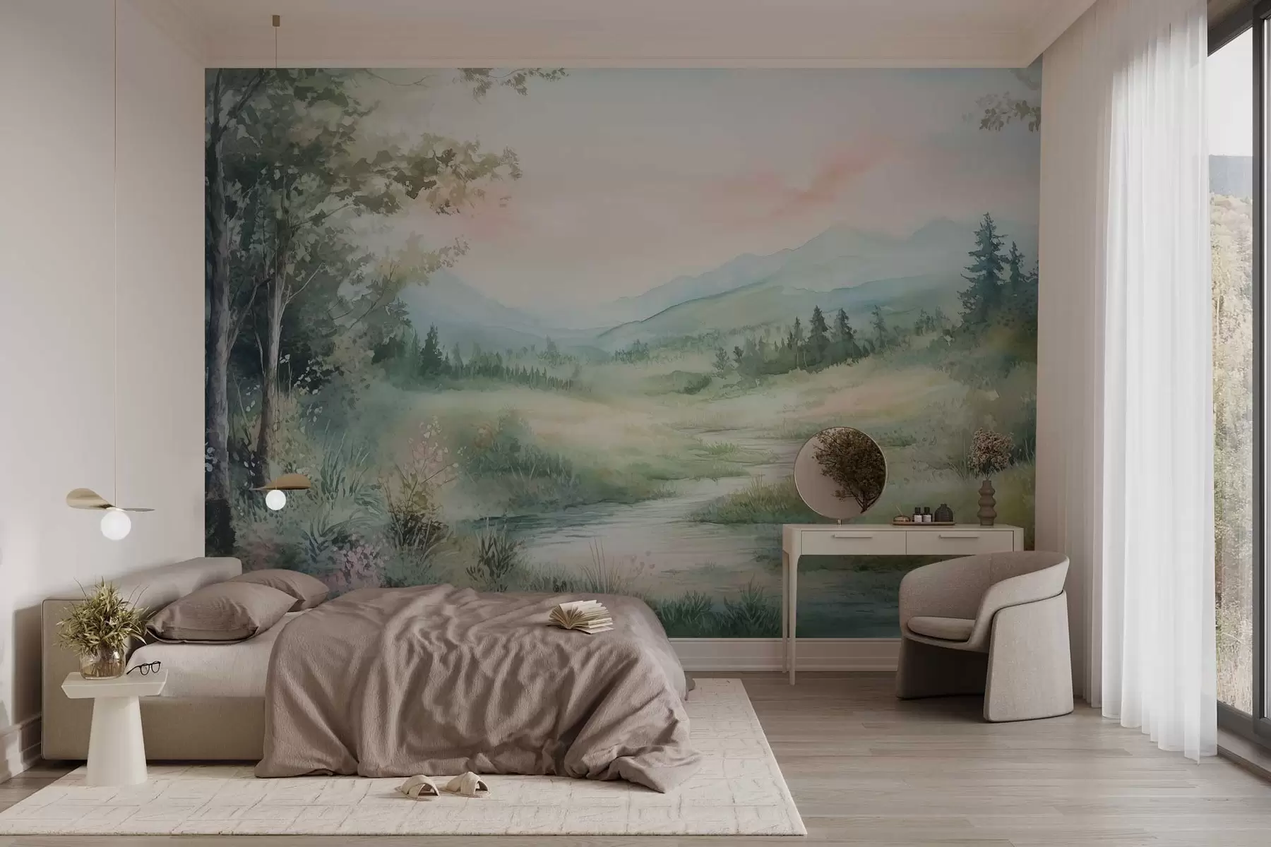 Fotobehang aquarel landschap met een pad en bergen w02764