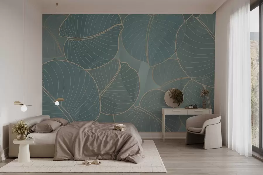 Fotobehang lijnvormige bladeren van de augustuslelie in turquoise tinten w02768v1