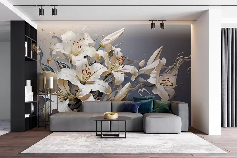 Fotobehang Verfijnde witte lelies op een grijsblauwe achtergrond w08633