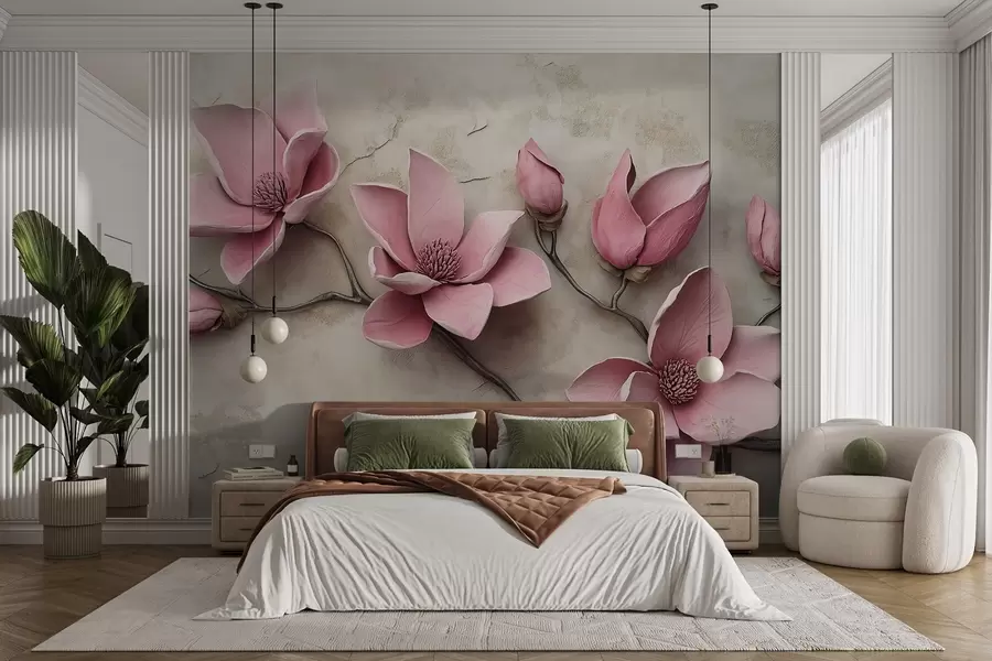 Fotobehang Roze magnolia's in stucwerkstijl w08635