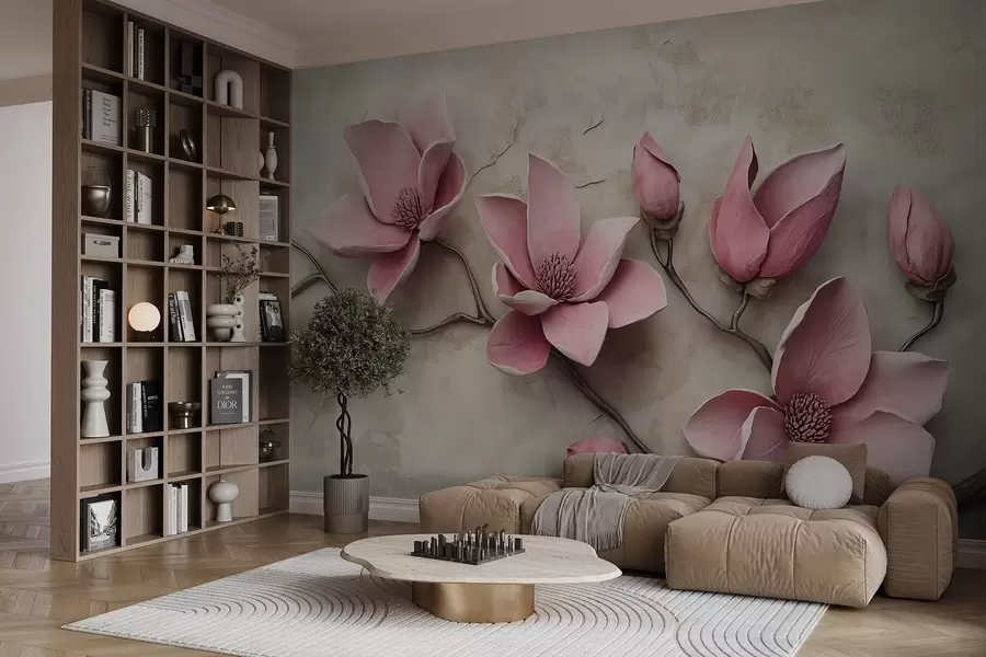 Fotobehang Roze magnolia's in stucwerkstijl w08635