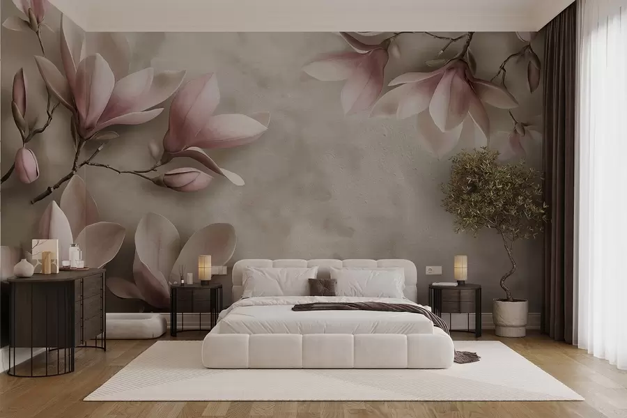 Fotobehang Delicate roze magnolia's op een betonnen muur in sepiatinten w08636v2