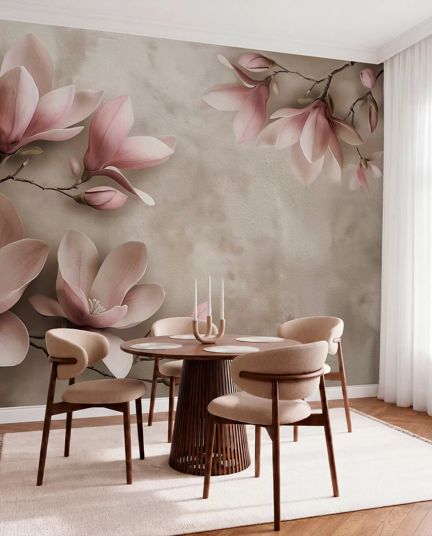 Fotobehang Delicate roze magnolia's op een betonnen muur in sepiatinten w08636v2