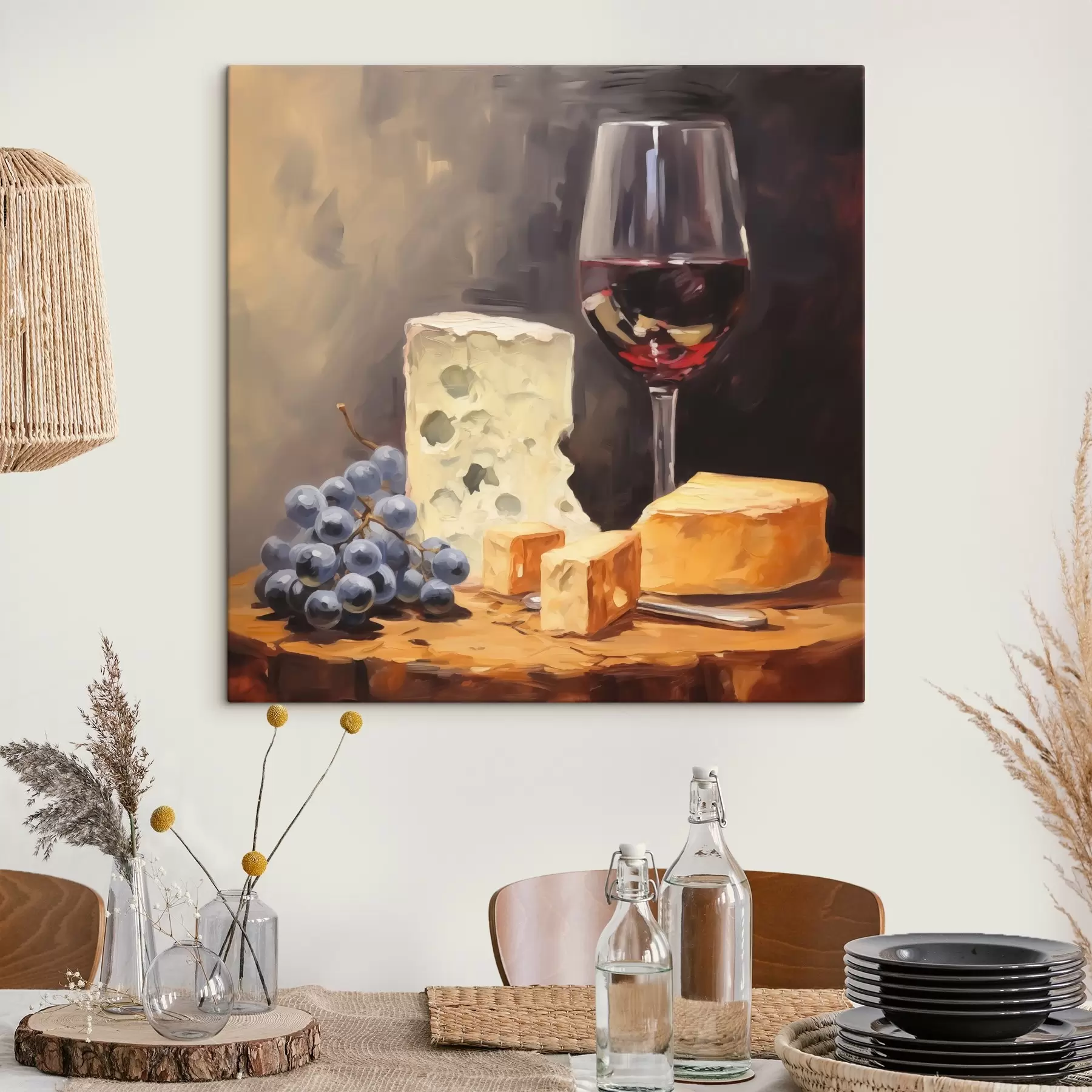 Fotobehang Glas rode wijn en kaas imitatieschilderij s42415