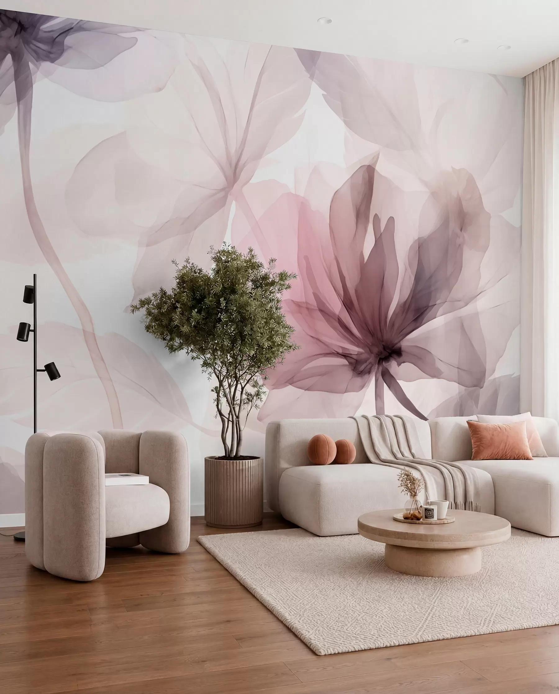 Fotobehang Doorzichtige mauve bloemen w02755