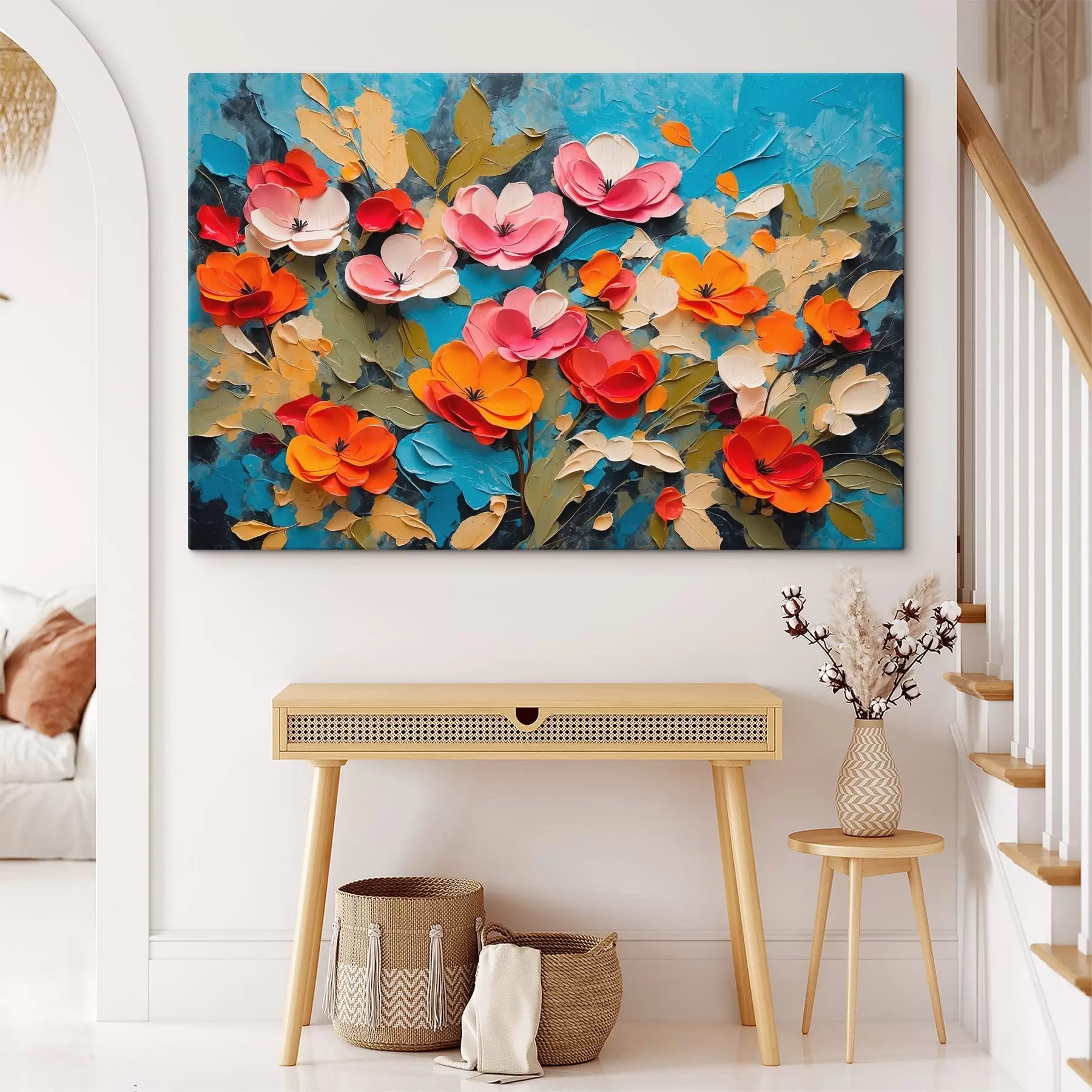  Schilderijen Bloemen en bladeren op blauwe achtergrond s42255