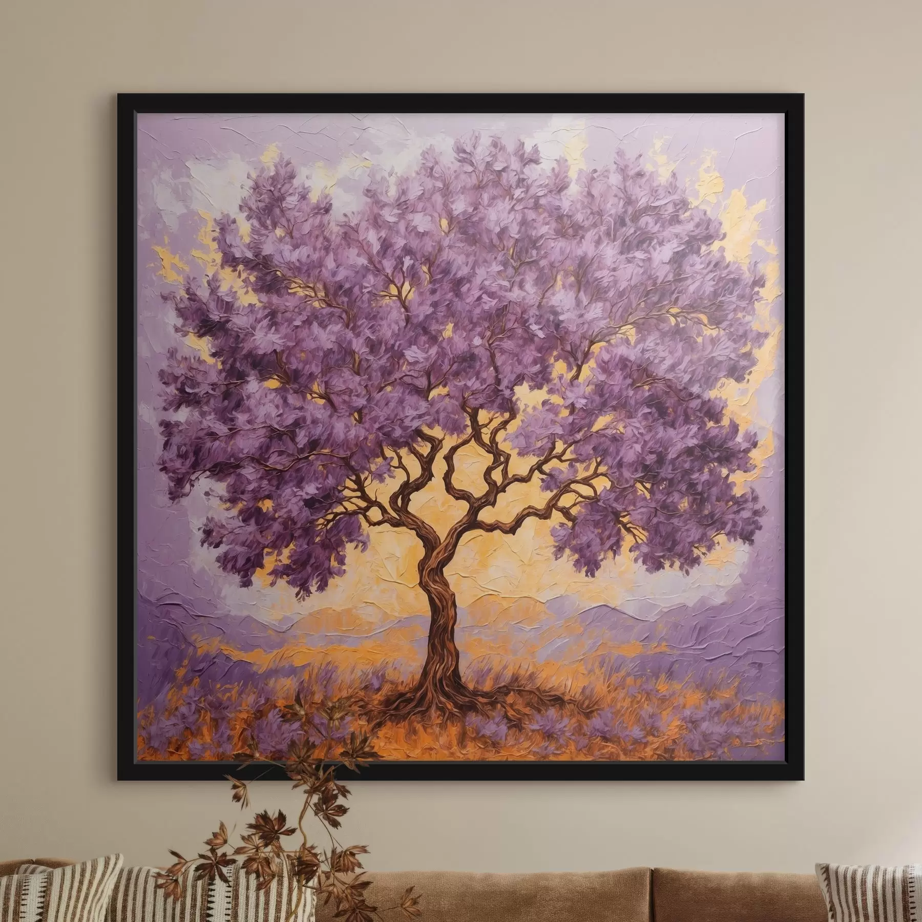 Fotobehang Paarse boom op geel-fyolotol achtergrond f42272
