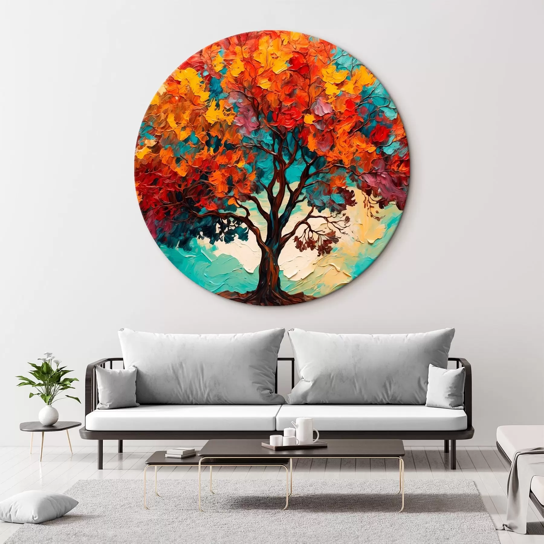  Schilderijen Boom op oranje-blauwe achtergrond in olieverfstijl r42267