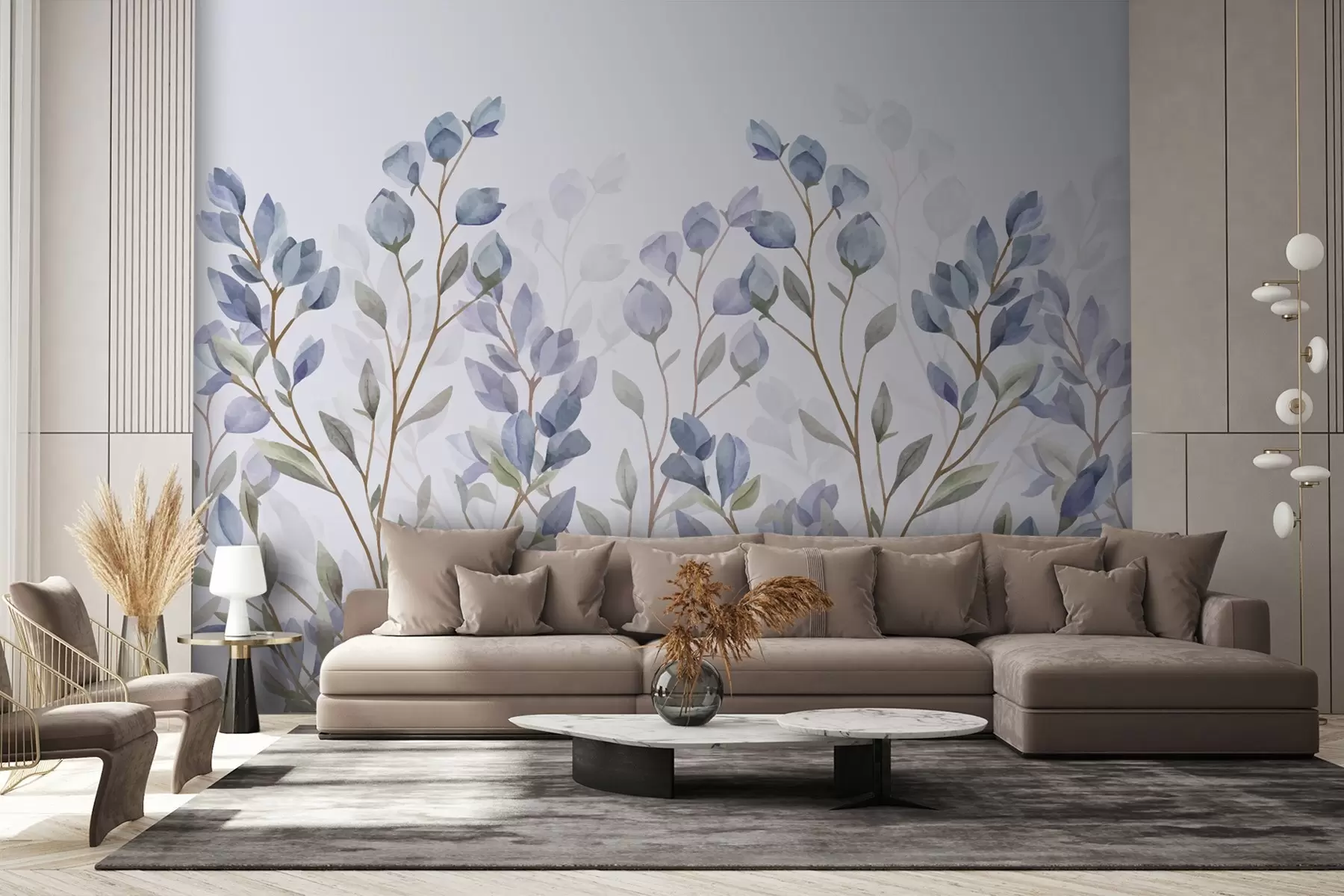 Fotobehang takken met blauwe bladeren w02811