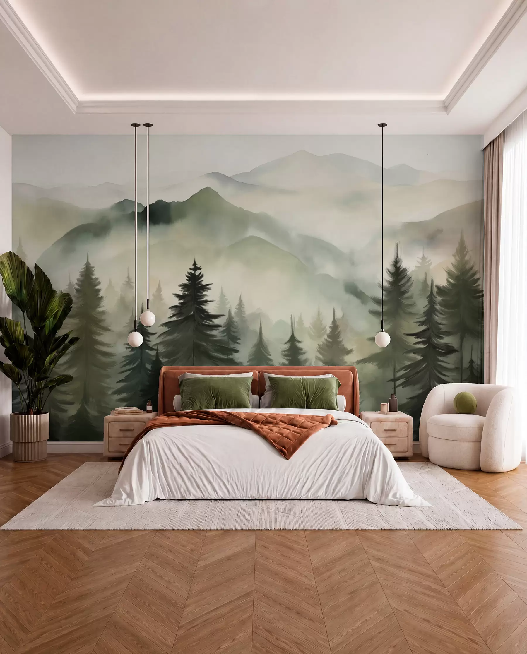 Fotobehang Berglandschap met een bos van pijnbomen en gelaagde bergen tijdens zonsopgang met lichte mist aquarel imitatie kunst  w08639