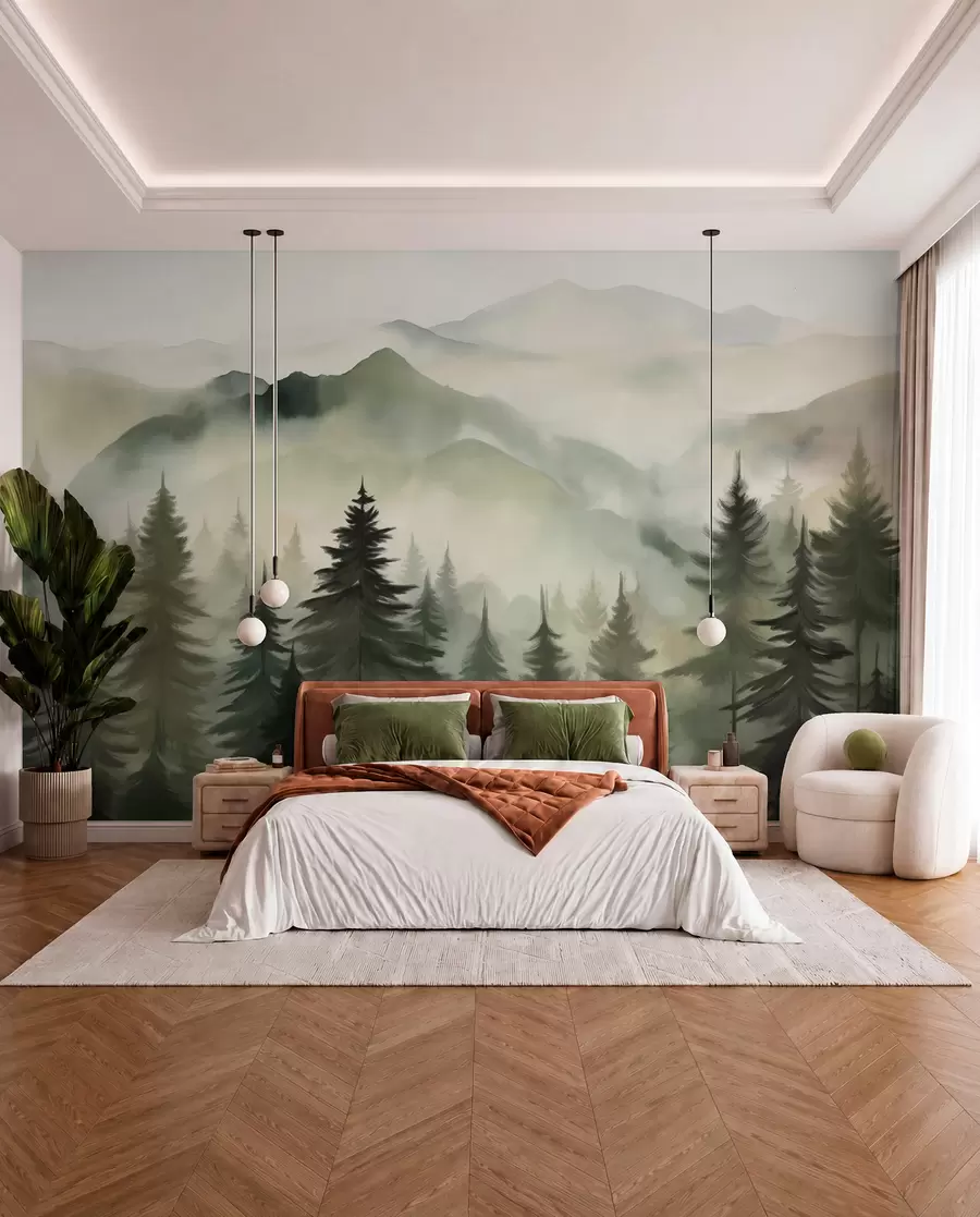 Fotobehang Berglandschap met een bos van pijnbomen en gelaagde bergen tijdens zonsopgang met lichte mist aquarel imitatie kunst  w08639