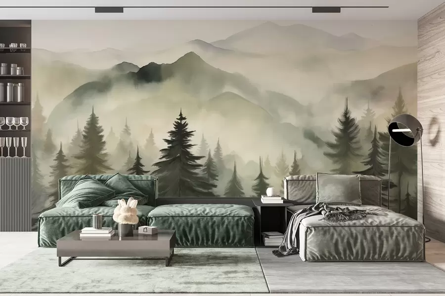 Fotobehang Berglandschap met een bos van pijnbomen en gelaagde bergen tijdens zonsopgang met lichte mist aquarel imitatie kunst  w08639