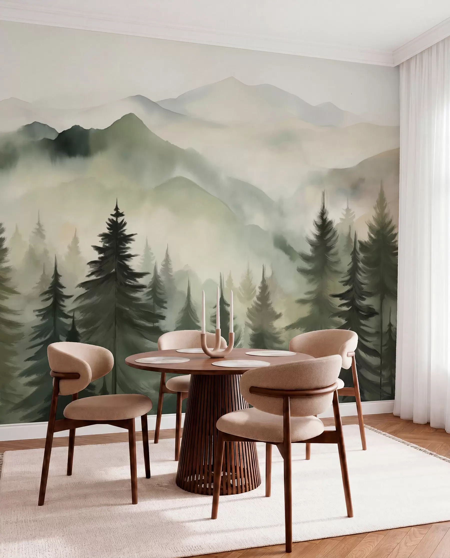 Fotobehang Berglandschap met een bos van pijnbomen en gelaagde bergen tijdens zonsopgang met lichte mist aquarel imitatie kunst  w08639