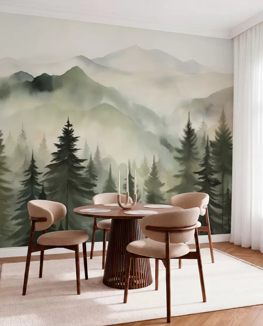 Fotobehang Berglandschap met een bos van pijnbomen en gelaagde bergen tijdens zonsopgang met lichte mist aquarel imitatie kunst  w08639