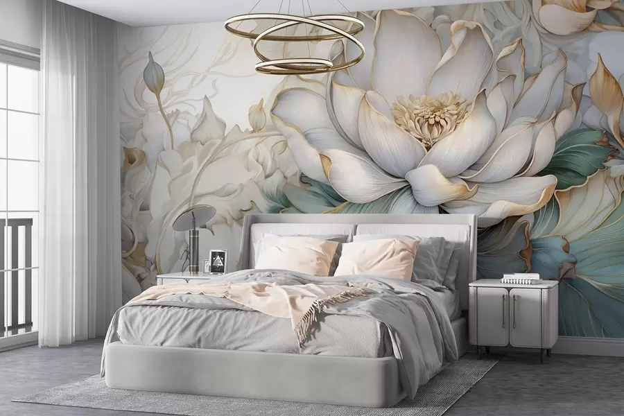 Fotobehang Een grote, delicate witte leliebloem en gebladerte met zachte, gelaagde decoratieve bloemblaadjes op abstracte achtergrond met gebladertestructuur w08640