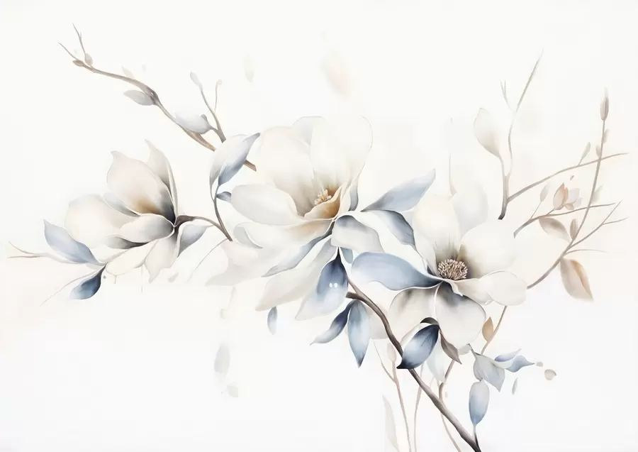 Fotobehang Delicate witte magnolia bloemen met zacht blauwe bloemblaadjes tegen een lichte achtergrond aquarel imitatie minimalisme  w08644