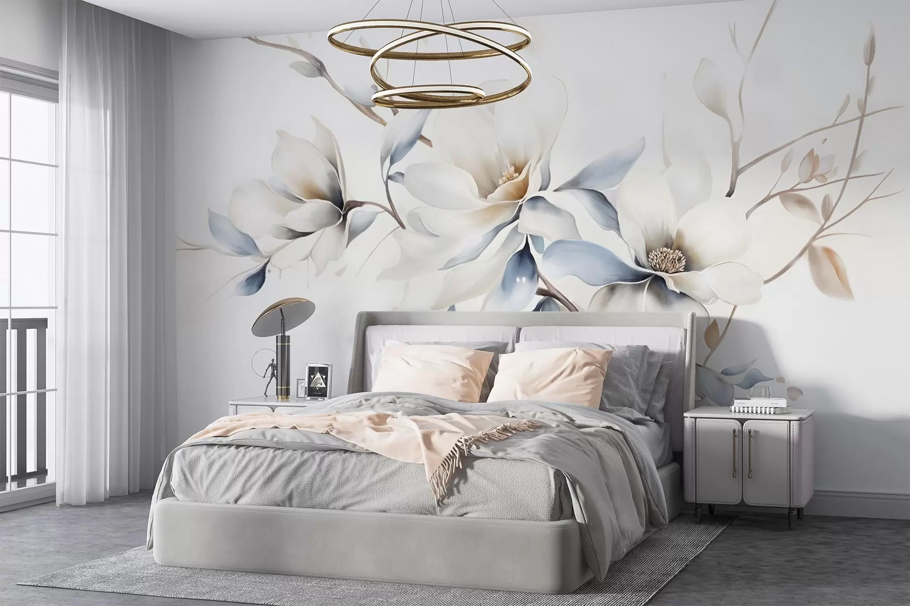 Fotobehang Delicate witte magnolia bloemen met zacht blauwe bloemblaadjes tegen een lichte achtergrond aquarel imitatie minimalisme  w08644
