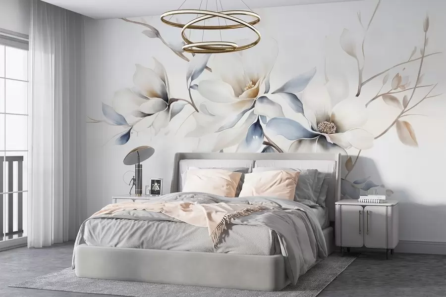 Fotobehang Delicate witte magnolia bloemen met zacht blauwe bloemblaadjes tegen een lichte achtergrond aquarel imitatie minimalisme  w08644