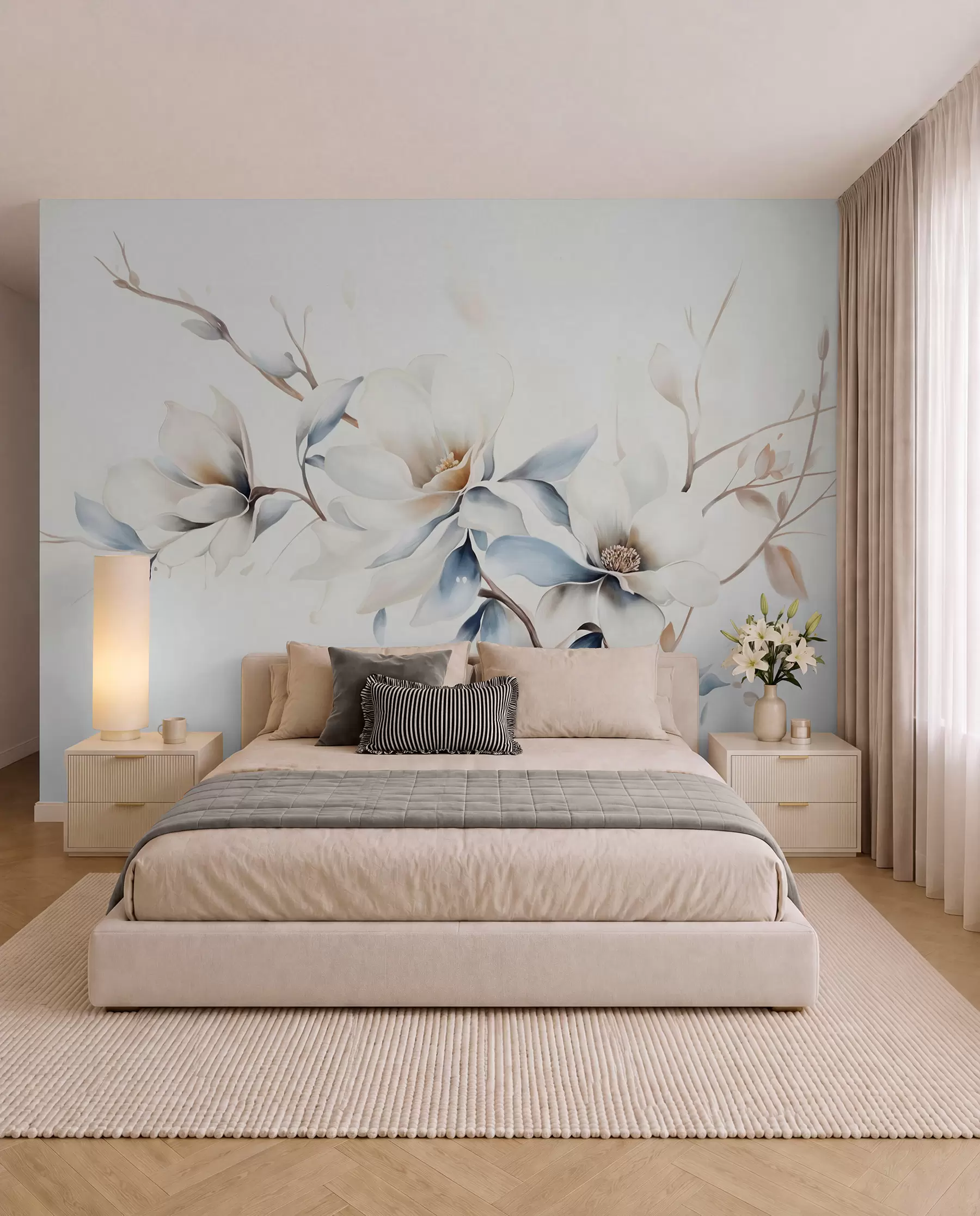 Fotobehang Magnolia in blauw en crème w08644