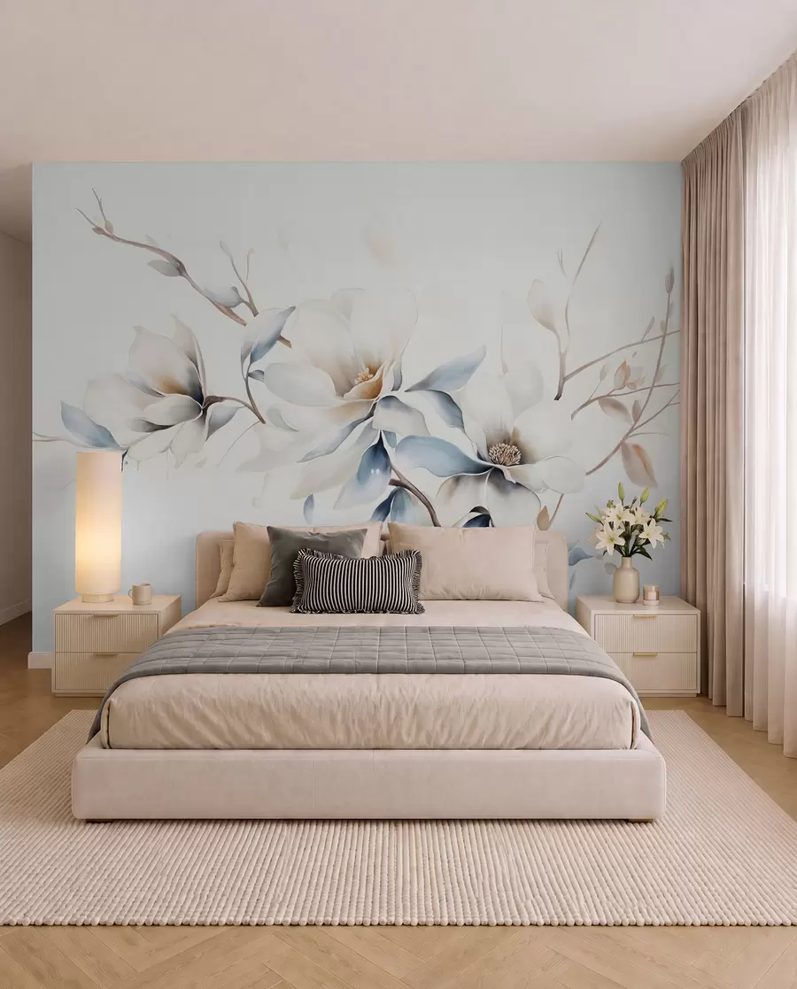 Fotobehang Delicate witte magnolia bloemen met zacht blauwe bloemblaadjes tegen een lichte achtergrond aquarel imitatie minimalisme  w08644