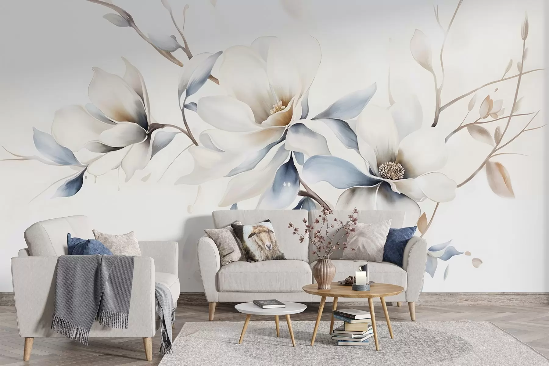 Fotobehang Delicate witte magnolia bloemen met zacht blauwe bloemblaadjes tegen een lichte achtergrond aquarel imitatie minimalisme  w08644