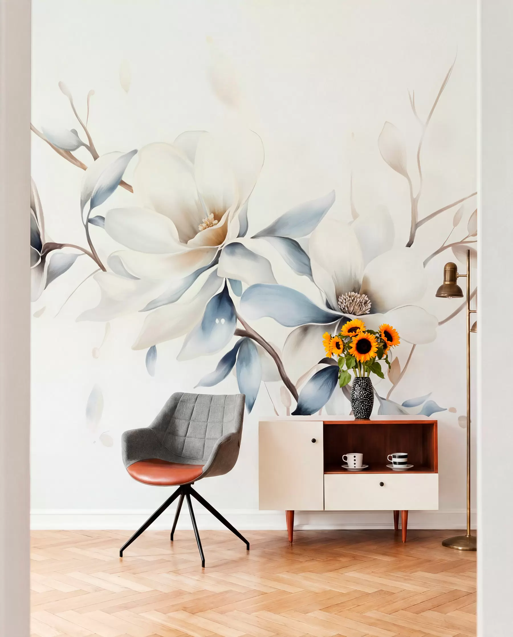 Fotobehang Magnolia in blauw en crème w08644