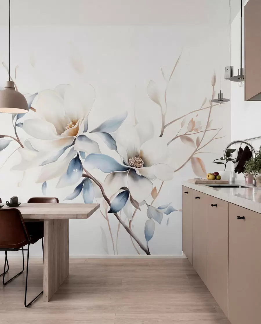 Fotobehang Delicate witte magnolia bloemen met zacht blauwe bloemblaadjes tegen een lichte achtergrond aquarel imitatie minimalisme  w08644