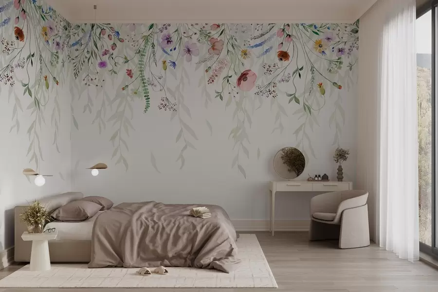 Fotobehang Een kleurrijke bloemenprint met verschillende bloemen, bladeren en planten in aquarelstijl   w08646