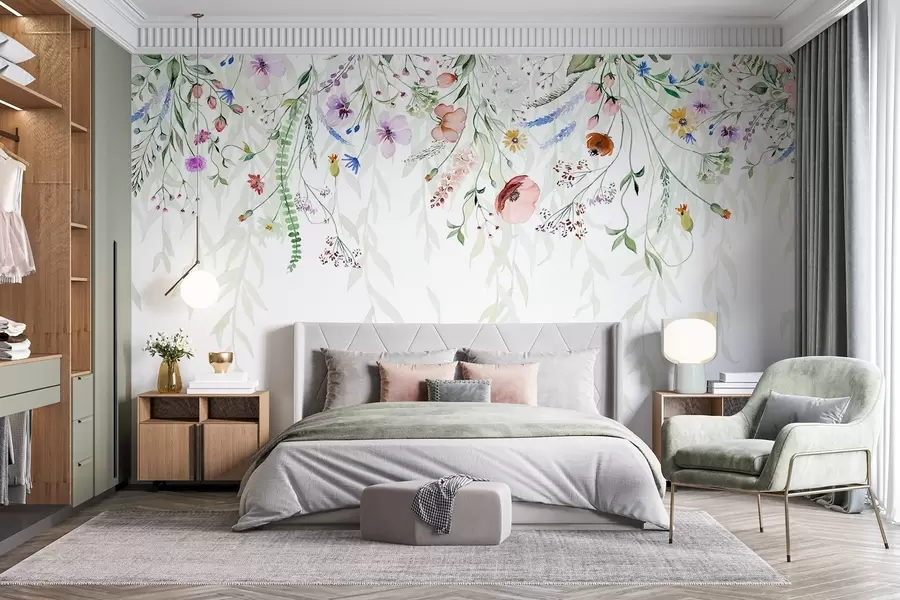 Fotobehang Een kleurrijke bloemenprint met verschillende bloemen, bladeren en planten in aquarelstijl   w08646