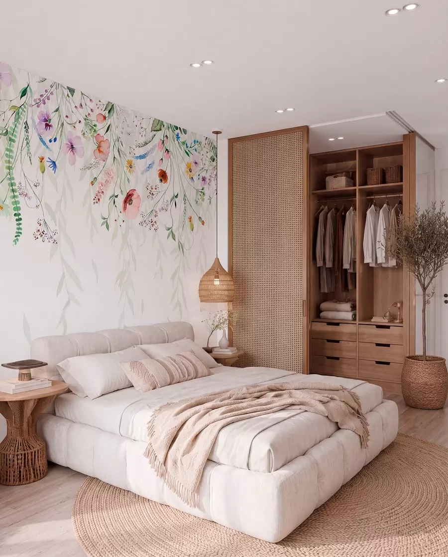 Fotobehang Een kleurrijke bloemenprint met verschillende bloemen, bladeren en planten in aquarelstijl   w08646