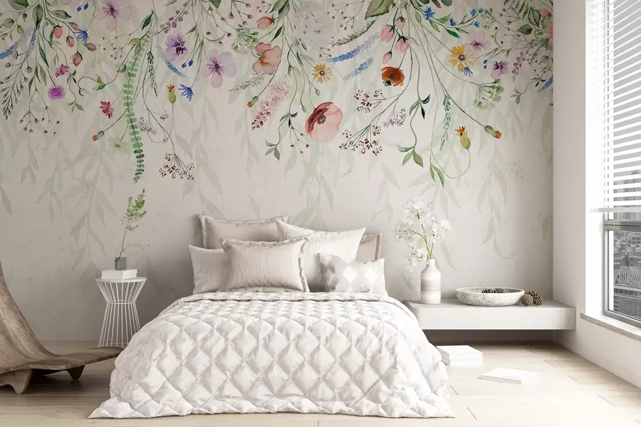 Fotobehang Een kleurrijke bloemenprint met verschillende bloemen, bladeren en planten in aquarelstijl   w08646