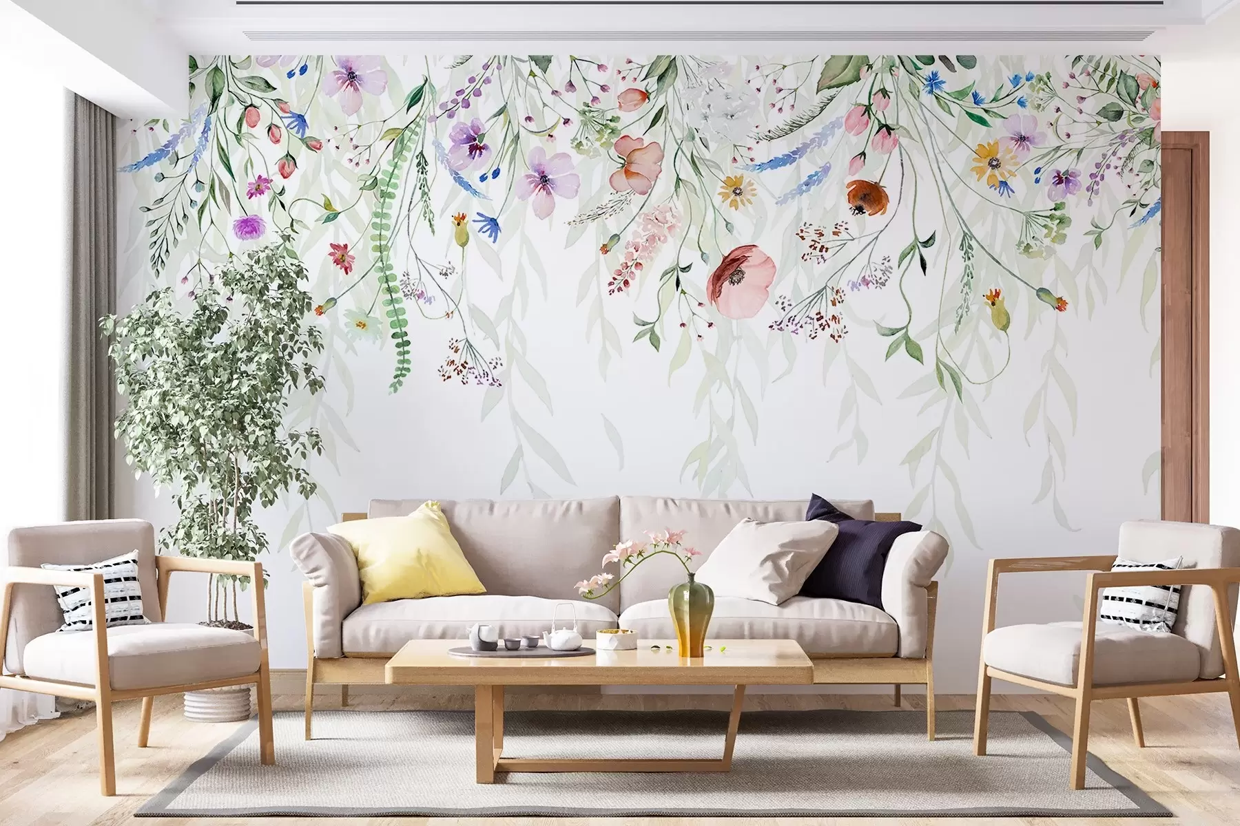 Fotobehang Een kleurrijke bloemenprint met verschillende bloemen, bladeren en planten in aquarelstijl   w08646