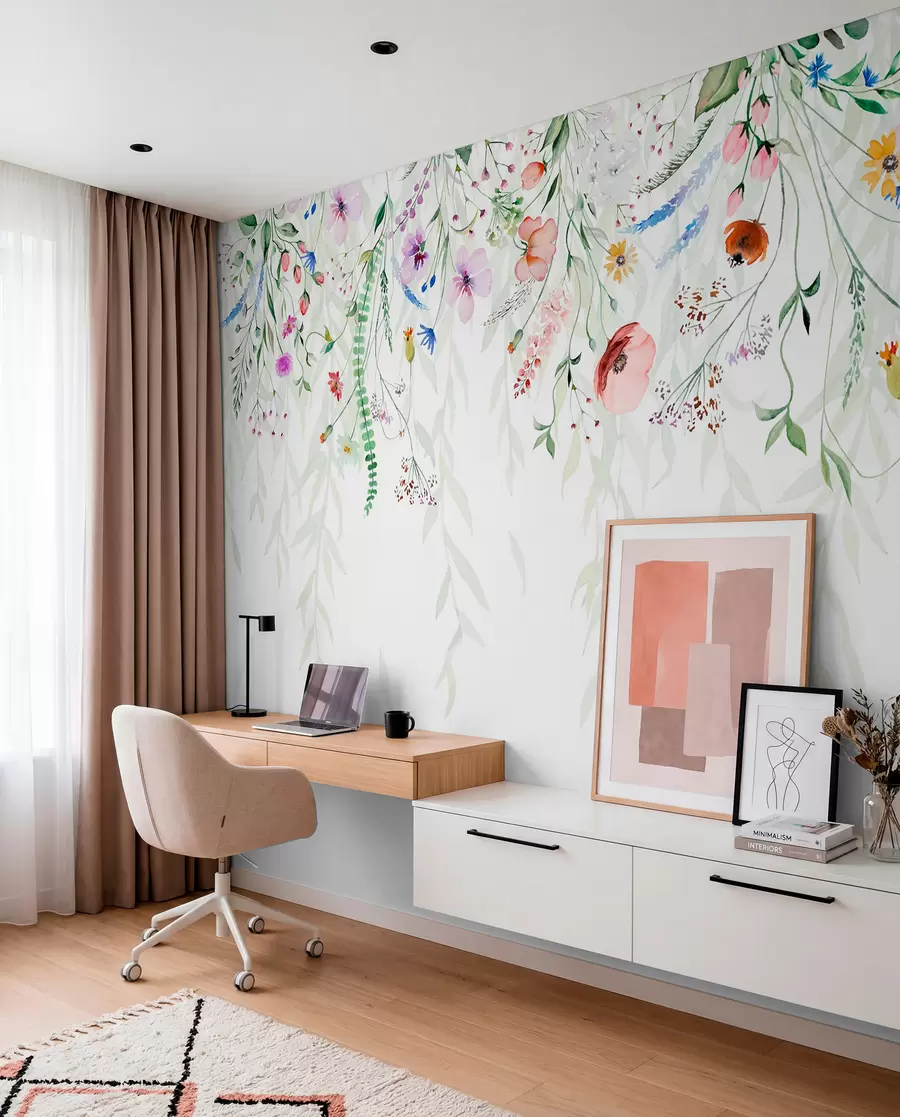 Fotobehang Een kleurrijke bloemenprint met verschillende bloemen, bladeren en planten in aquarelstijl   w08646