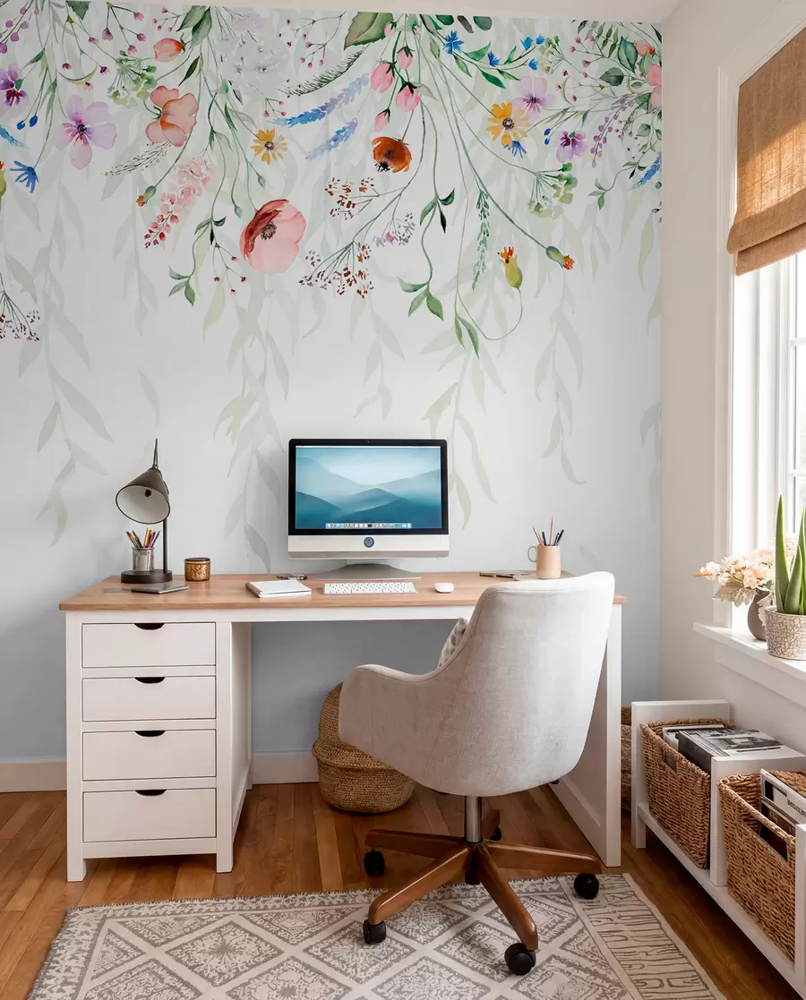 Fotobehang Een kleurrijke bloemenprint met verschillende bloemen, bladeren en planten in aquarelstijl   w08646