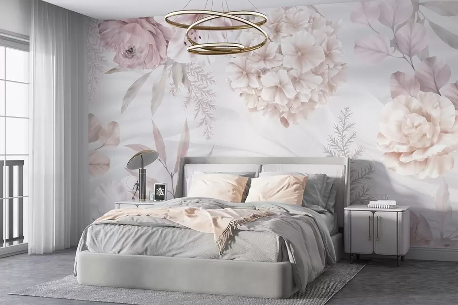Fotobehang Een zachte, abstracte bloemenprint met grote roze en witte bloemen, delicate bladeren en een gedempt pastelkleurenpalet w08651
