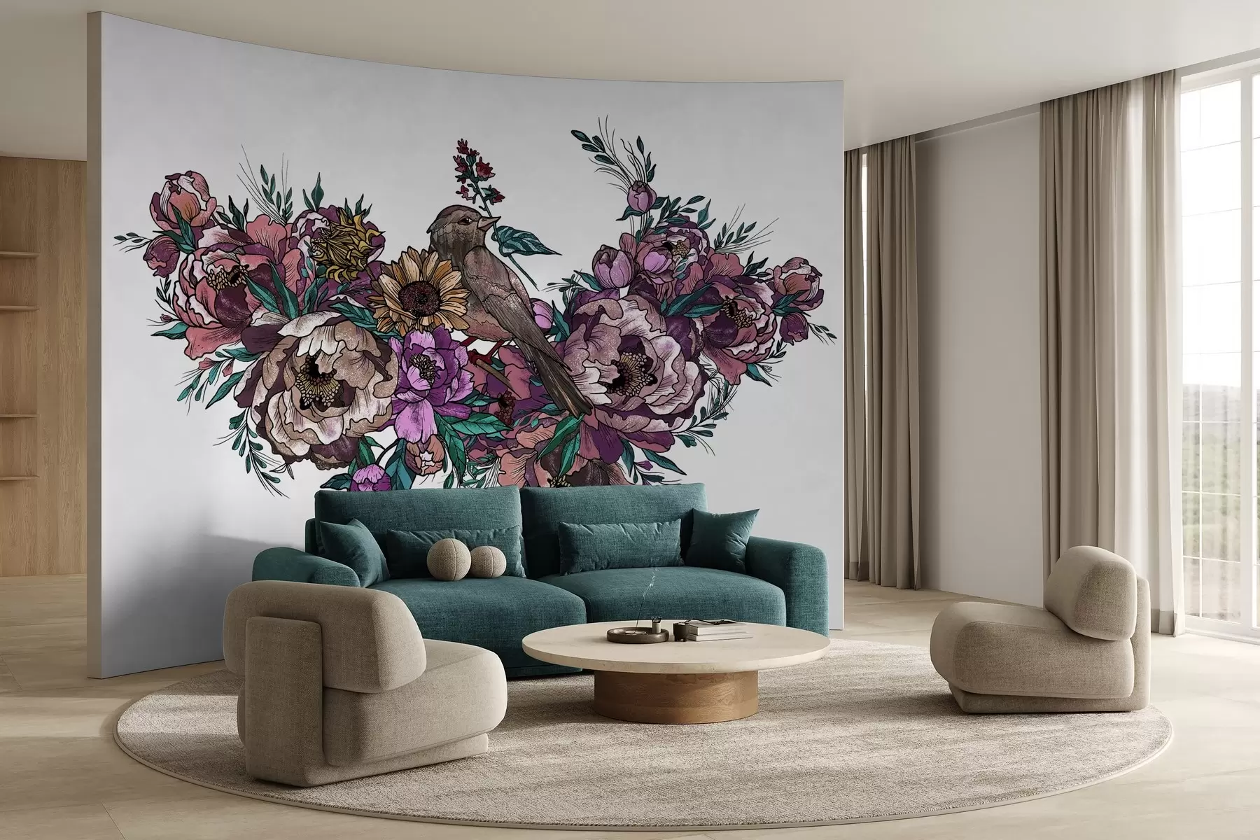Fotobehang Kleurrijke bloemen- en vogelillustratie op wit w02833v2