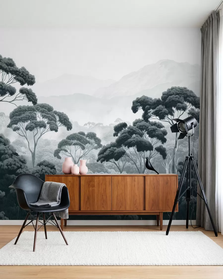 Fotobehang Boomkruinen in grafiet w02739