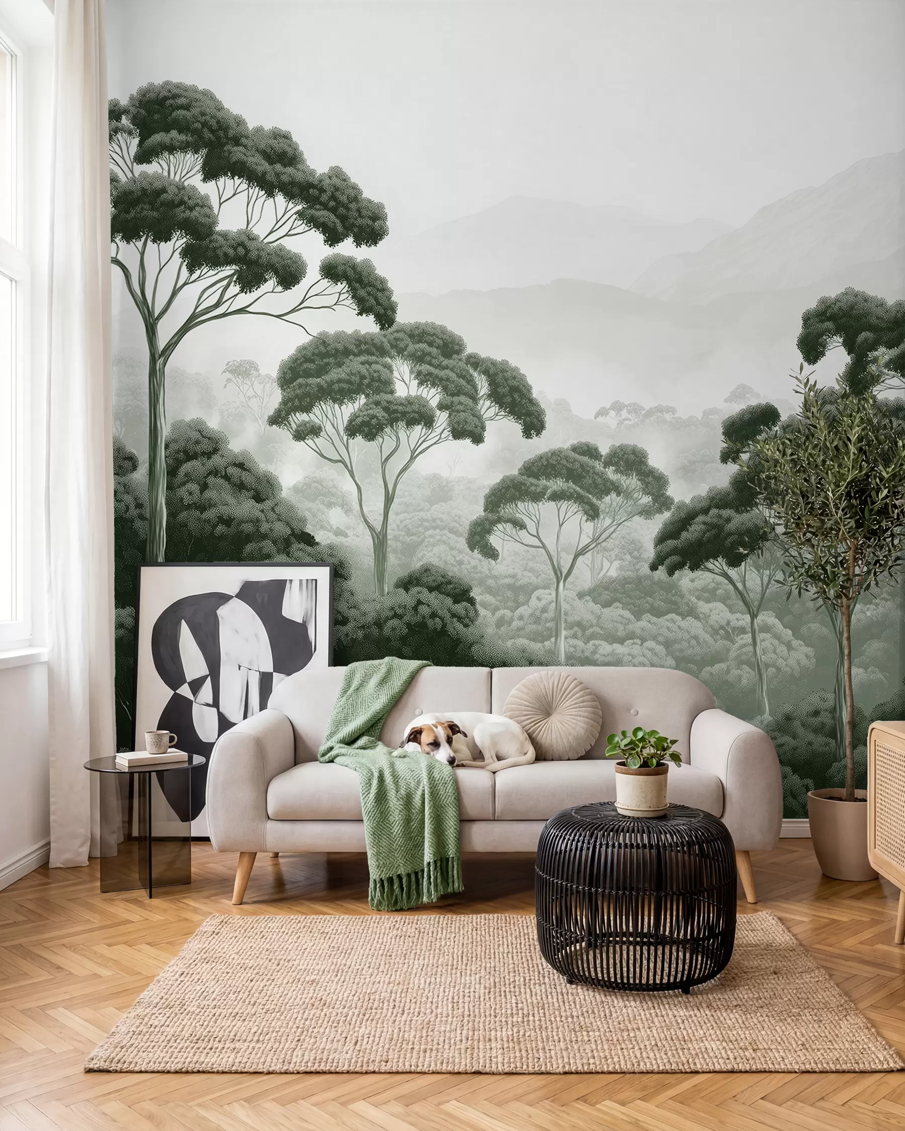 Fotobehang Junglebos, bergen, tropisch, natuur, grote bomen, donkergroene kleuren w02739v1
