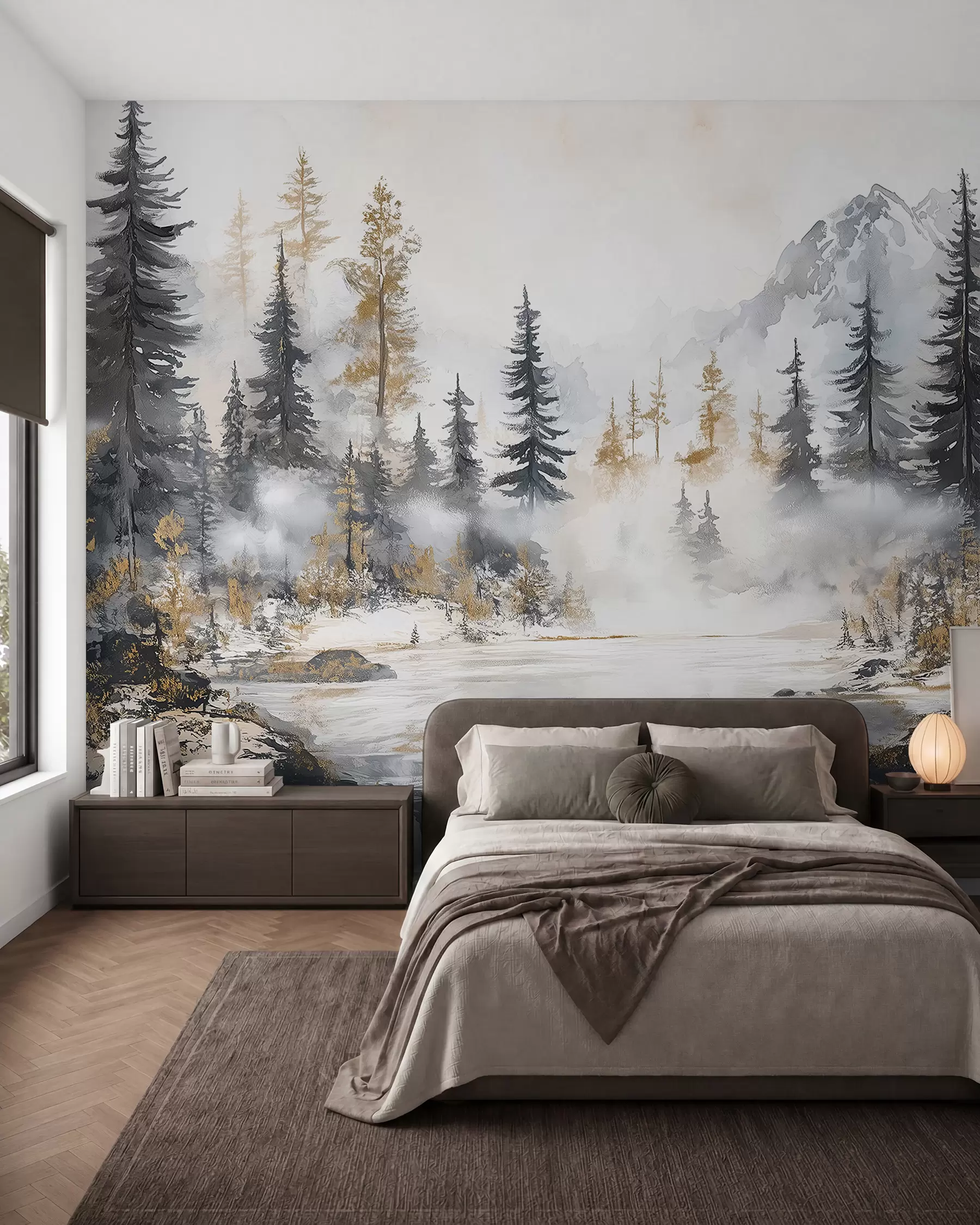 Fotobehang Winterlandschap met meer en bos, bergen, pastel stijl darwing w02741