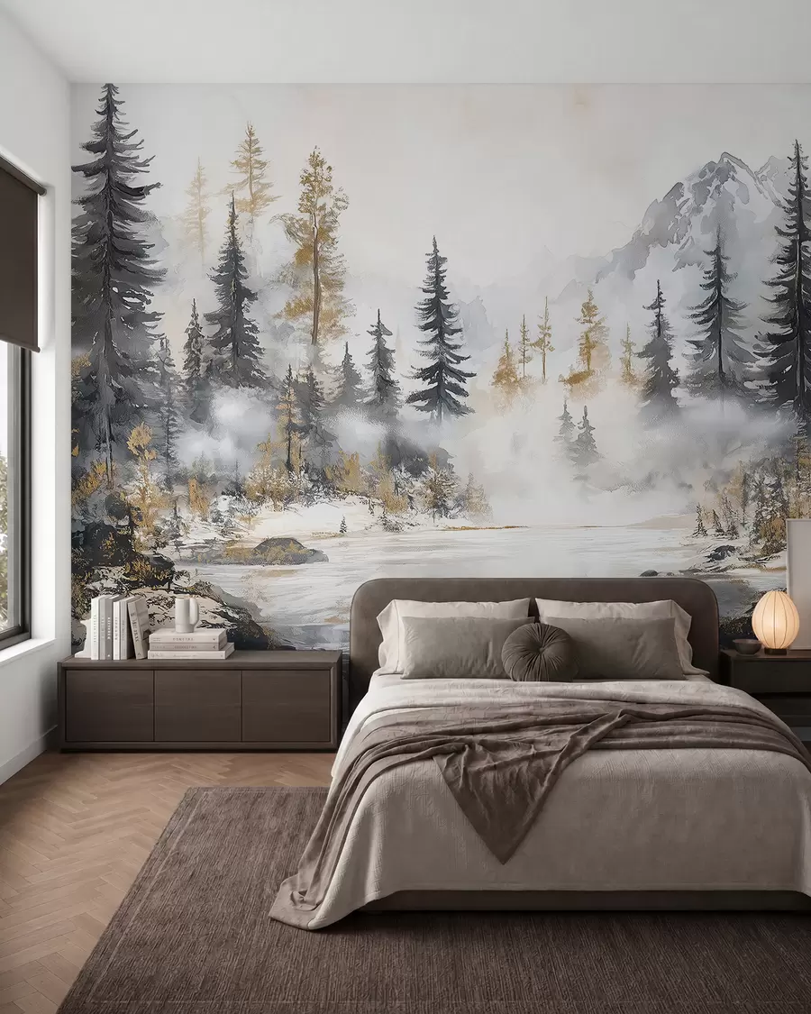 Fotobehang Winterlandschap met meer en bos, bergen, pastel stijl darwing w02741