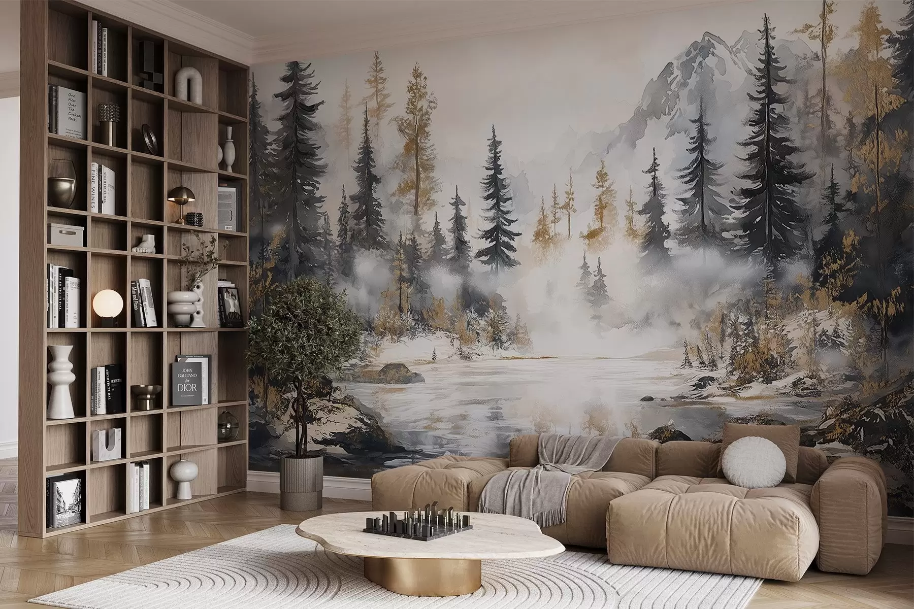 Fotobehang Winterlandschap met meer en bos, bergen, pastel stijl darwing w02741
